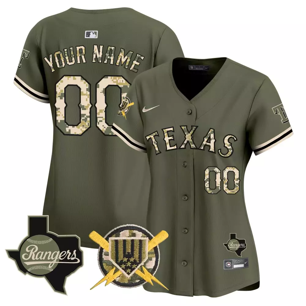 Texas Rangers Women's Olive Armed Forces Day Custom Stitched Jersey Name Patch 2023 | Honor and Style | For Men, Women & Youth