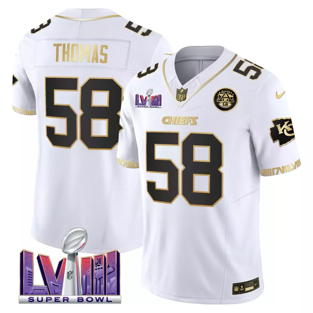 Thomas 58 Kansas City Chiefs White Gold Stitched Vapor Jersey | 2023 Style | For Men, Women & Youth