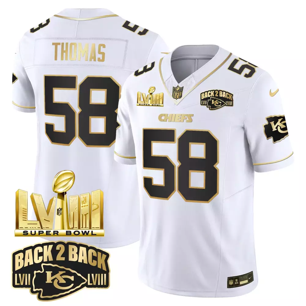 Thomas 58 Kansas City Chiefs White Gold Stitched Vapor Jersey | 2023 Style | For Men, Women & Youth