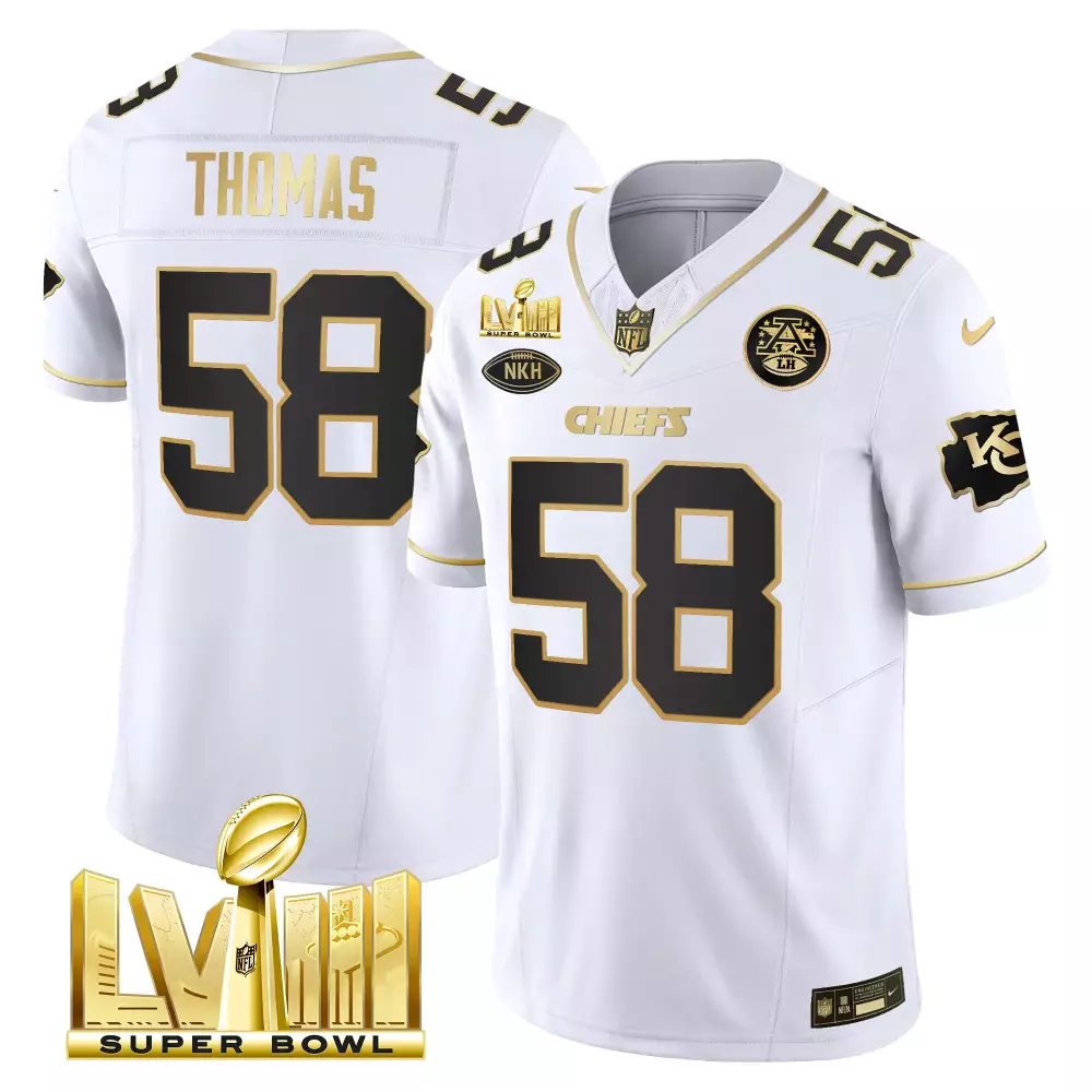 Thomas 58 Kansas City Chiefs White Gold Stitched Vapor Jersey | 2023 Style | For Men, Women & Youth