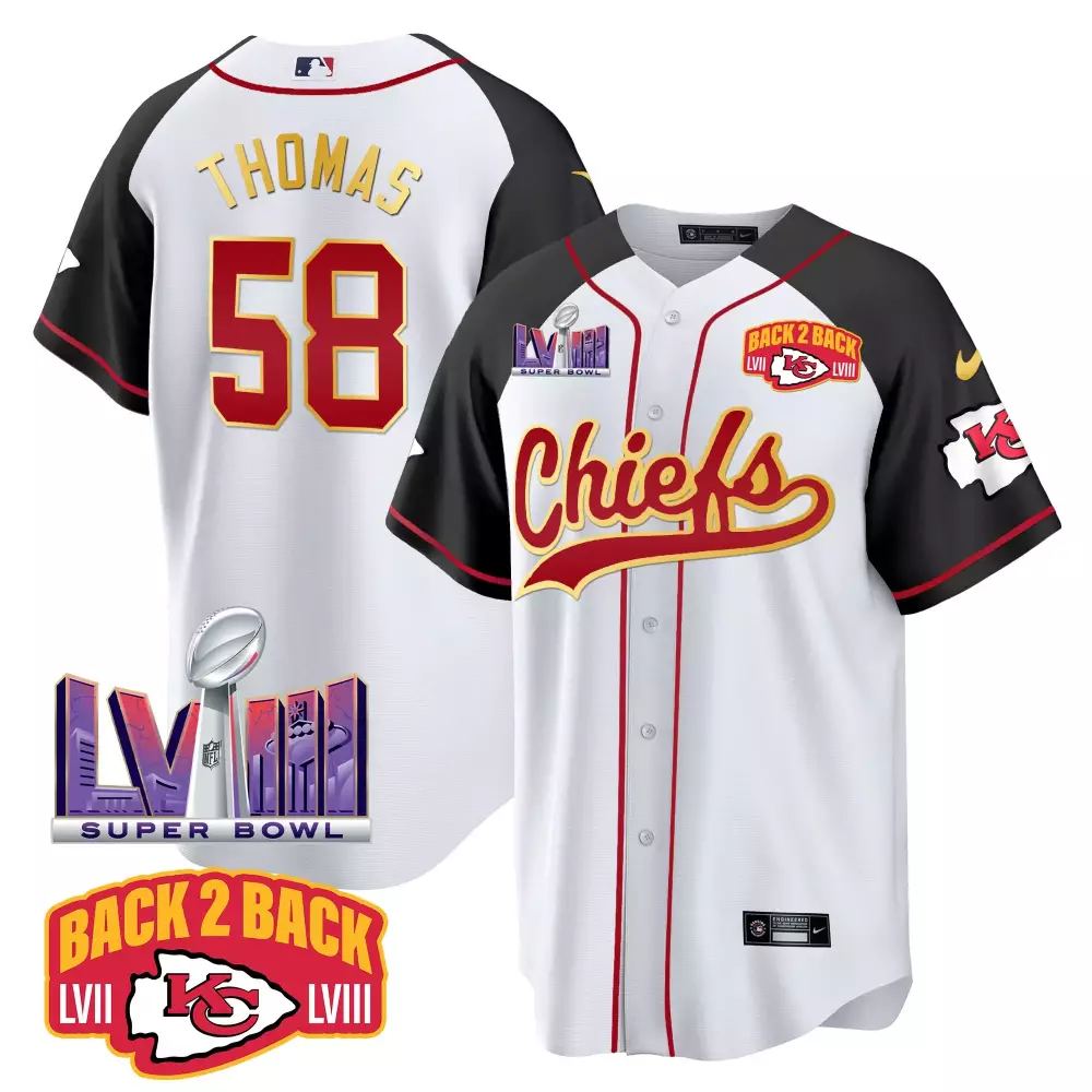 Travis Thomas 58 Kansas City Chiefs White Stitched Jersey | Back 2 Back Patch 2023 | Replica Fan Gear | For Men, Women & Youth