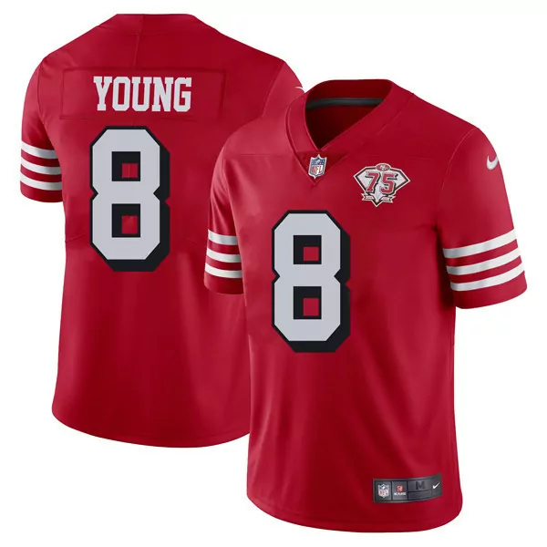 young 8 san francisco 49ers men s red all stitched jersey with name patch 75th anniversary