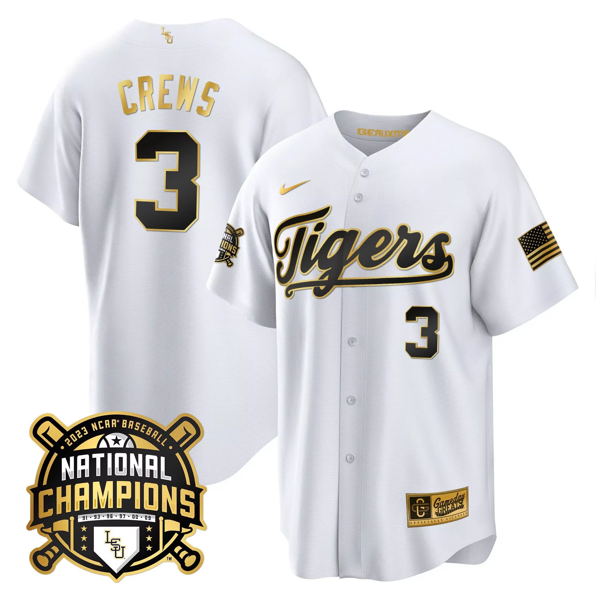 crews 3 lsu tigers 2023 national champions white stitched jersey men s style name patch