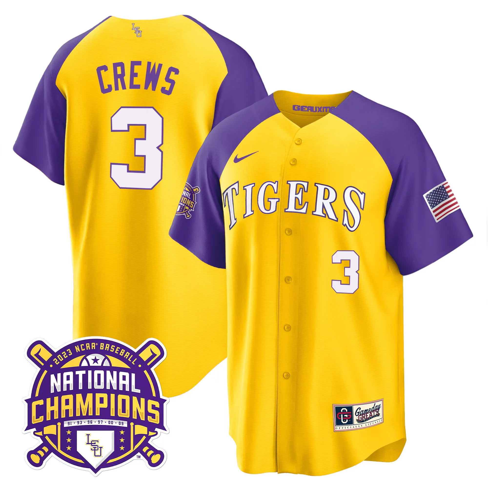 crews 3 lsu tigers yellow stitched jersey men s 2023 national champions style