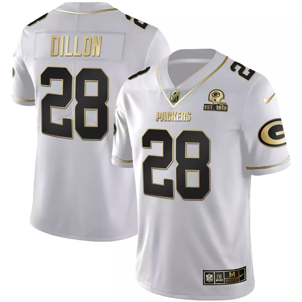 Dillon 28 Green Bay Packers White Stitched Jersey | Name Patch Est 1919 | For Men, Women & Youth