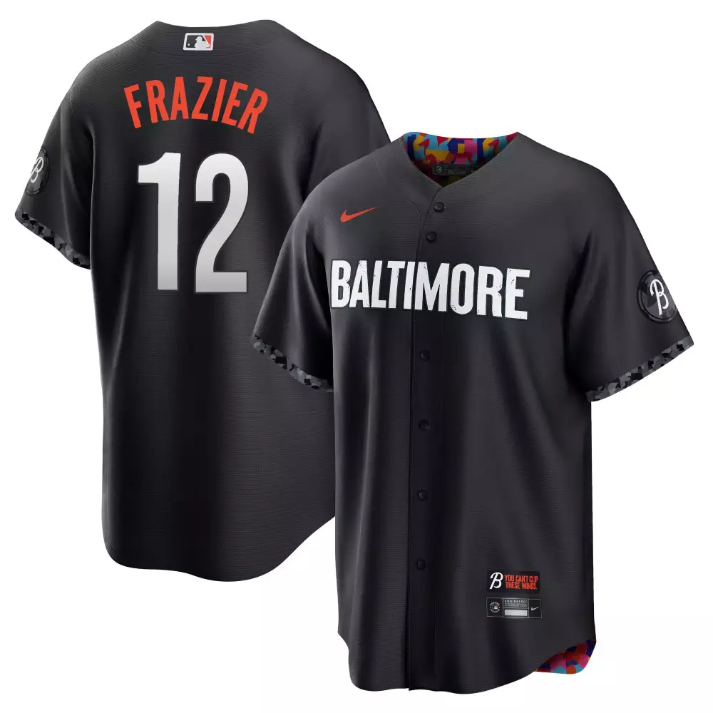 frazier 12 men s baltimore orioles 2023 black stitched jersey name patch