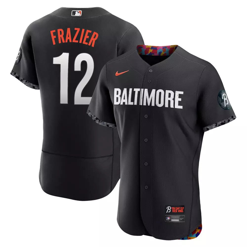 frazier 12 men s baltimore orioles 2023 black stitched jersey name patch