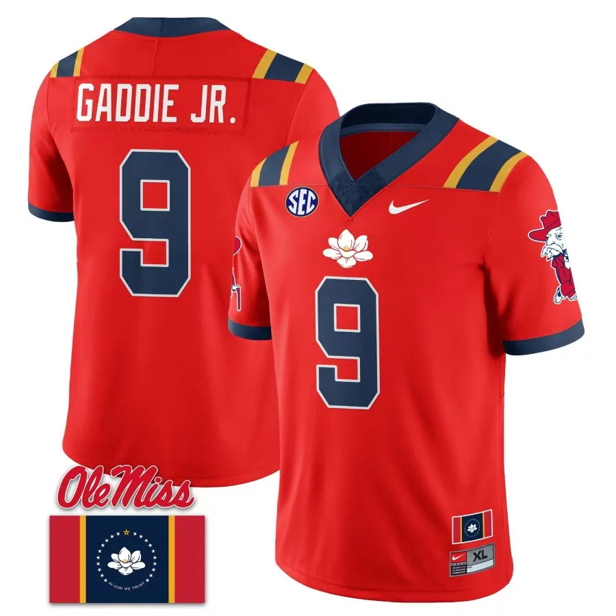 gaddie jr 9 ole miss rebels red all stitched jersey name patch 2023 men s style