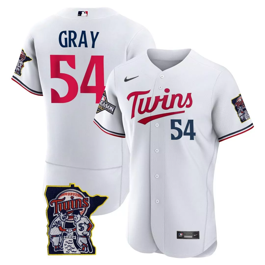 gray 54 minnesota twins men s white stitched jersey name patch 2023 postseason