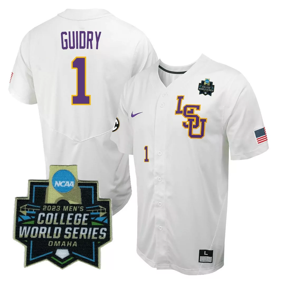 guidry 1 lsu tigers men s white stitched jersey 2023 college world series name patch