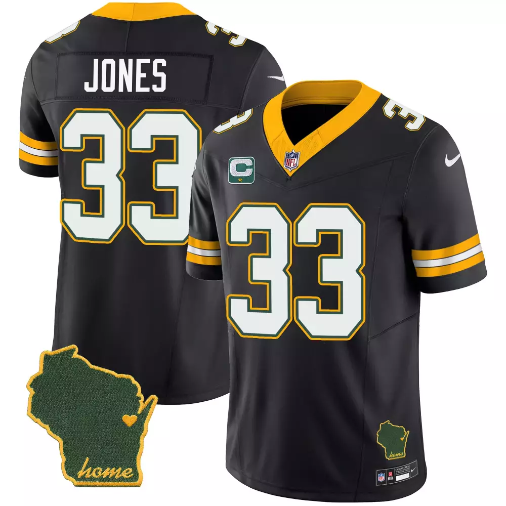 Jones 33 Black Men's Stitched Home Jersey with Name Patch 2023 | Green Bay Packers Fan Gear | For Men, Women & Youth
