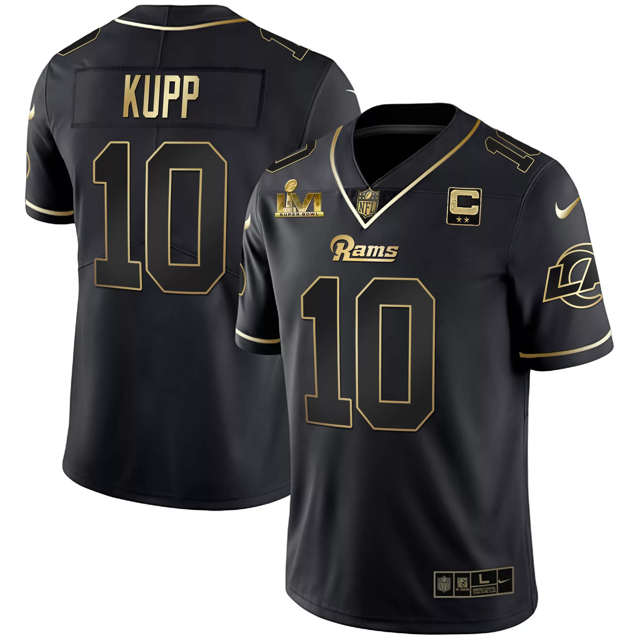 kupp 10 men s los angeles rams black gold stitched jersey name patch super bowl 2022