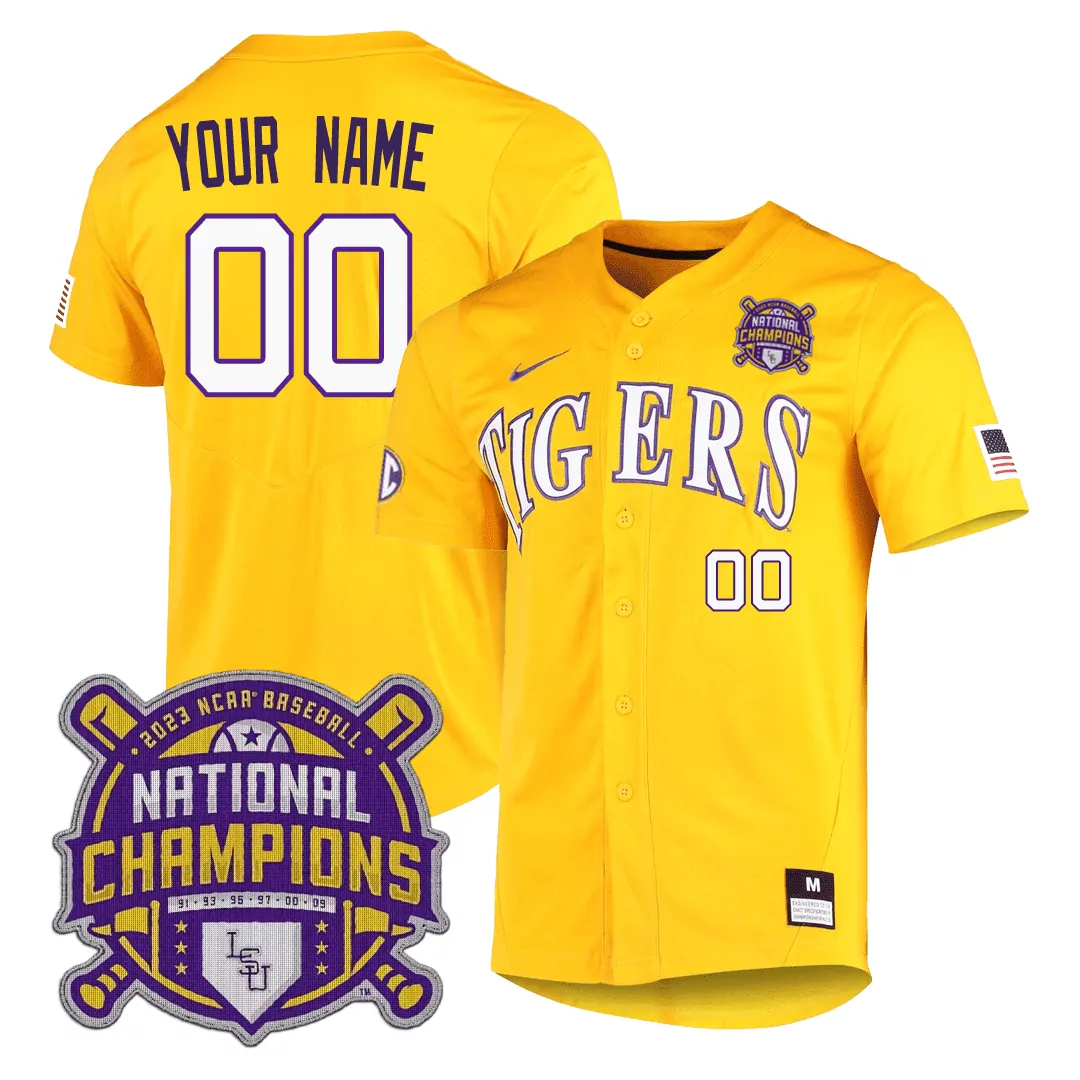 lsu tigers 2023 national champions custom jersey yellow men s all stitched name patch 00