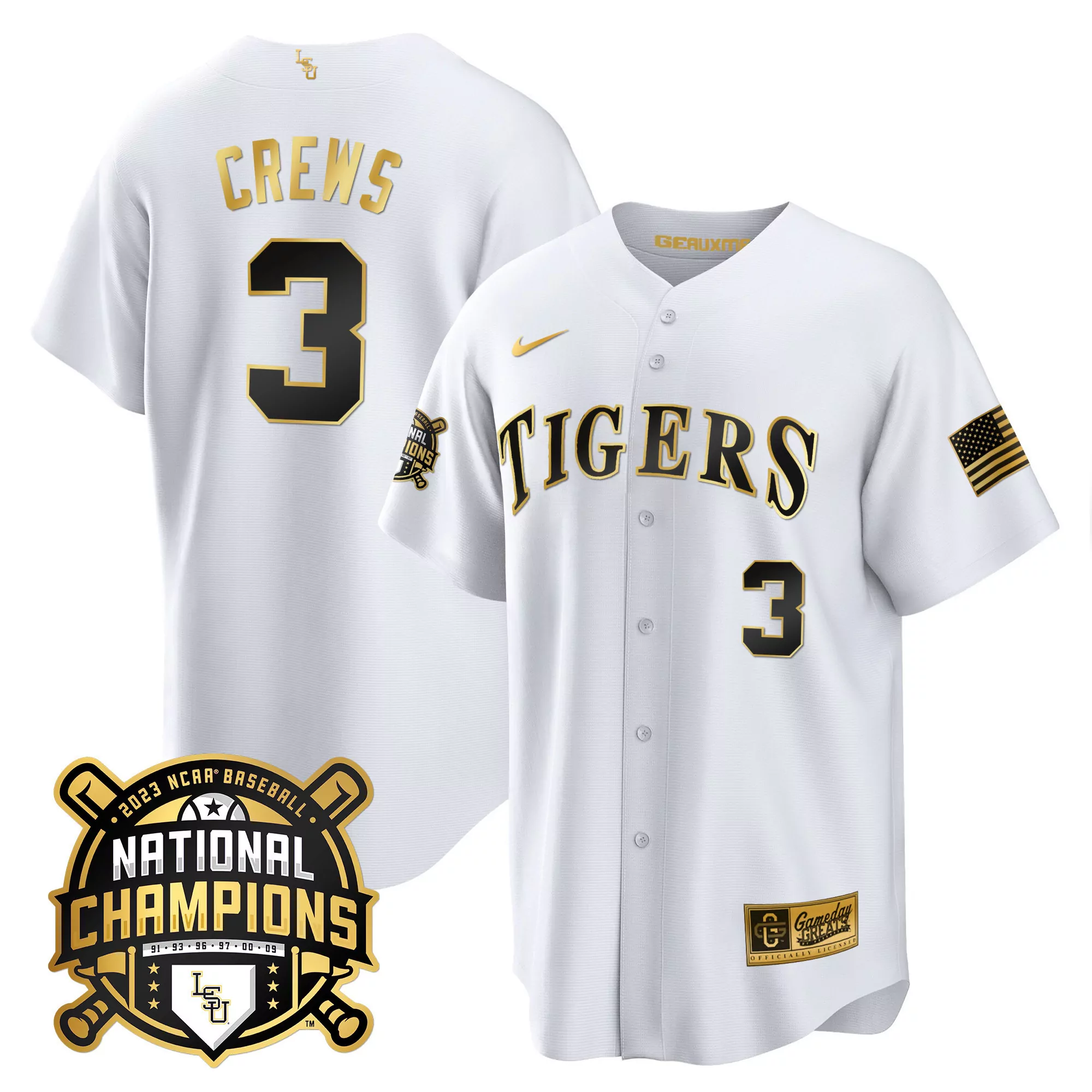 lsu tigers 2023 national champions white stitched jersey crews 3 men s name patch
