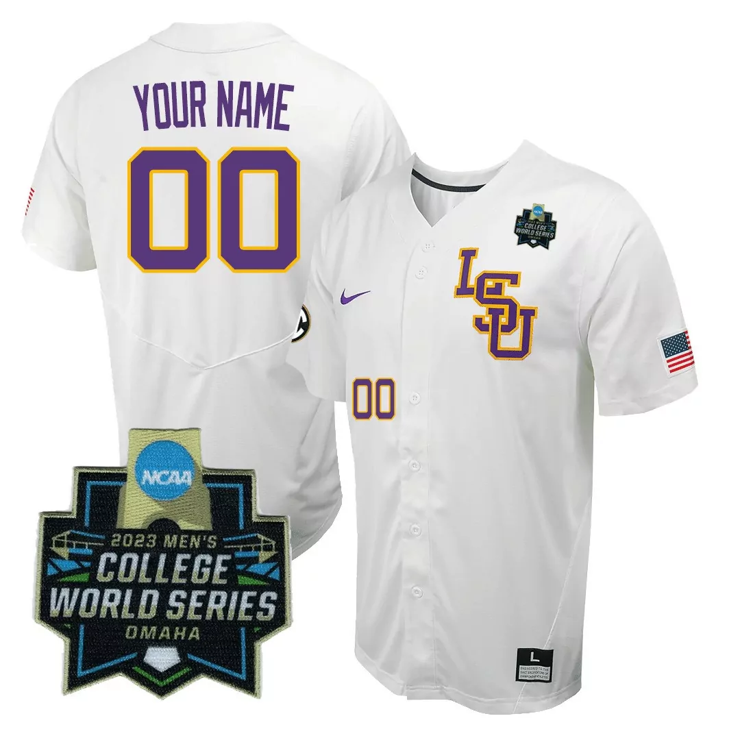 lsu tigers men s custom stitched jersey white 2023 college world series name patch