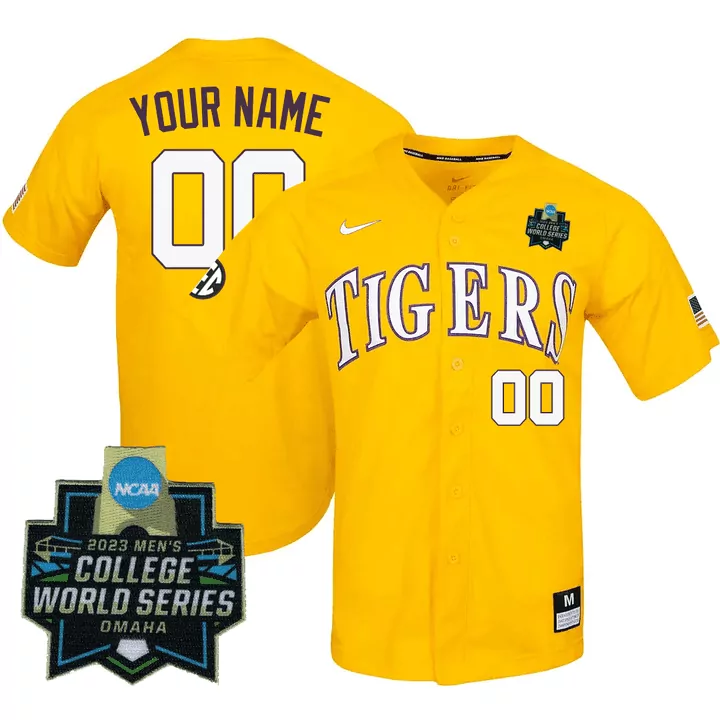 lsu tigers yellow custom jersey all stitched men s 2023 college world series name patch