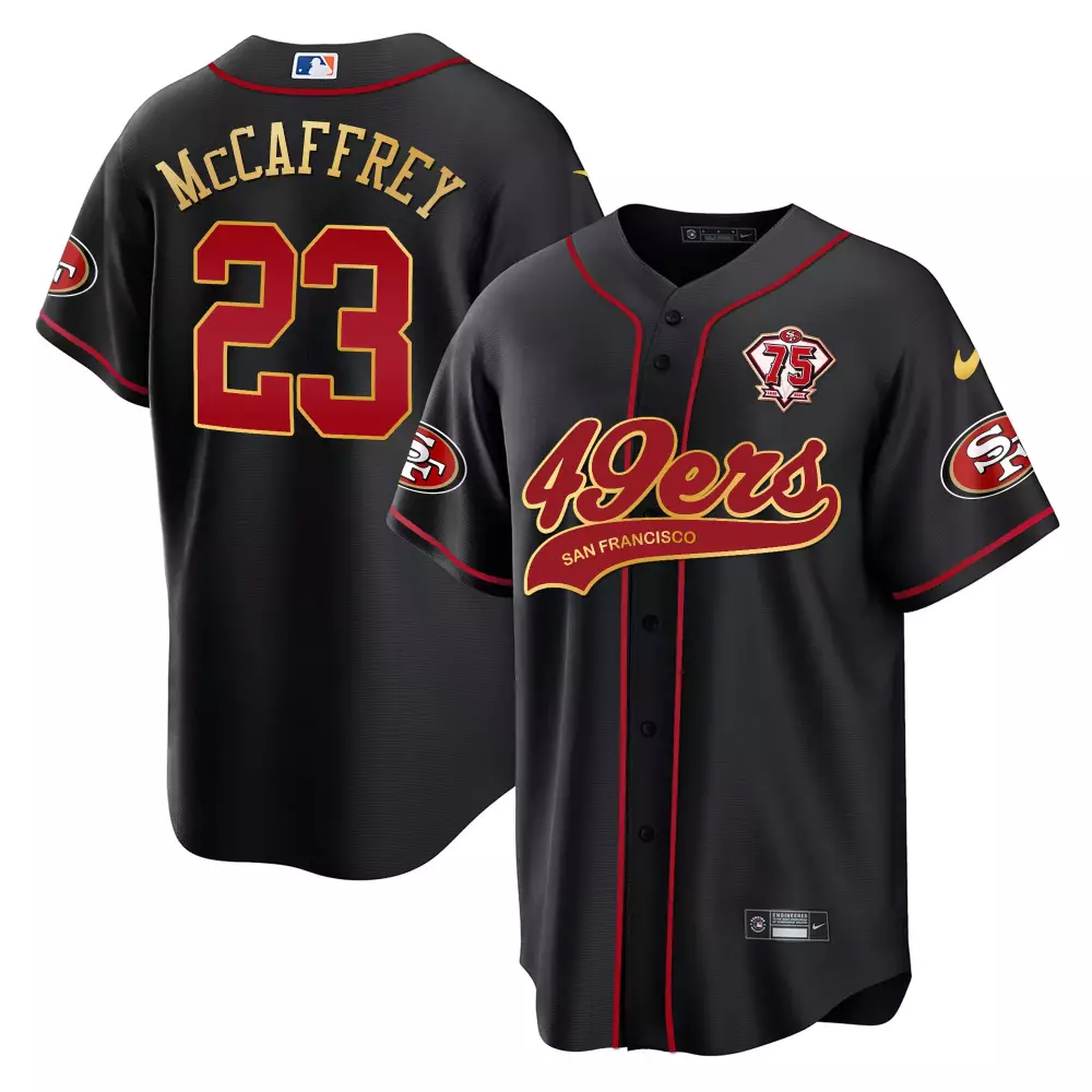 McCaffrey 23 San Francisco 49ers 2023 Red Stitched Jersey | 75th Anniversary Name Patch | Limited Edition Fan Gear