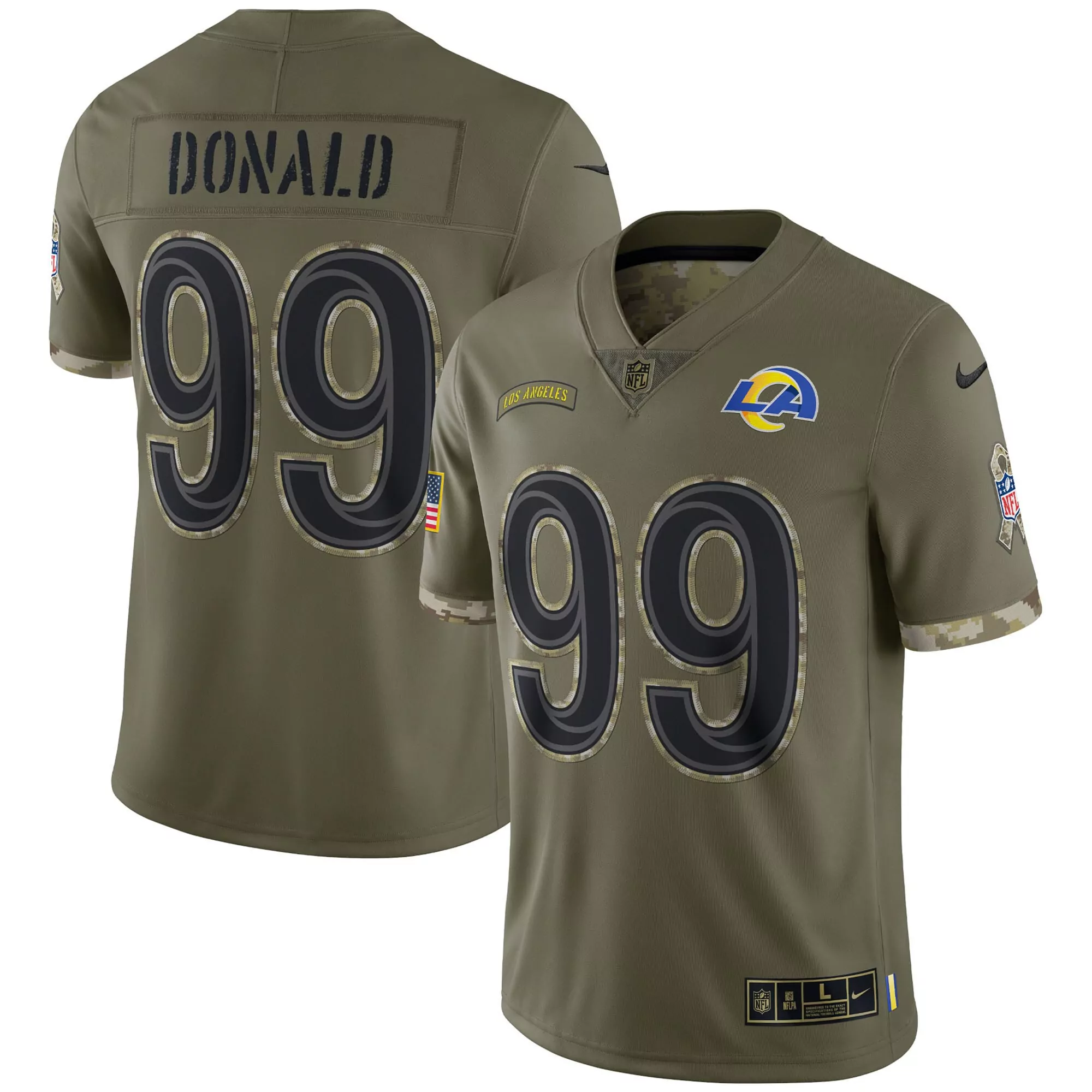 men s aaron donald 99 los angeles rams 2022 olive all stitched jersey name patch