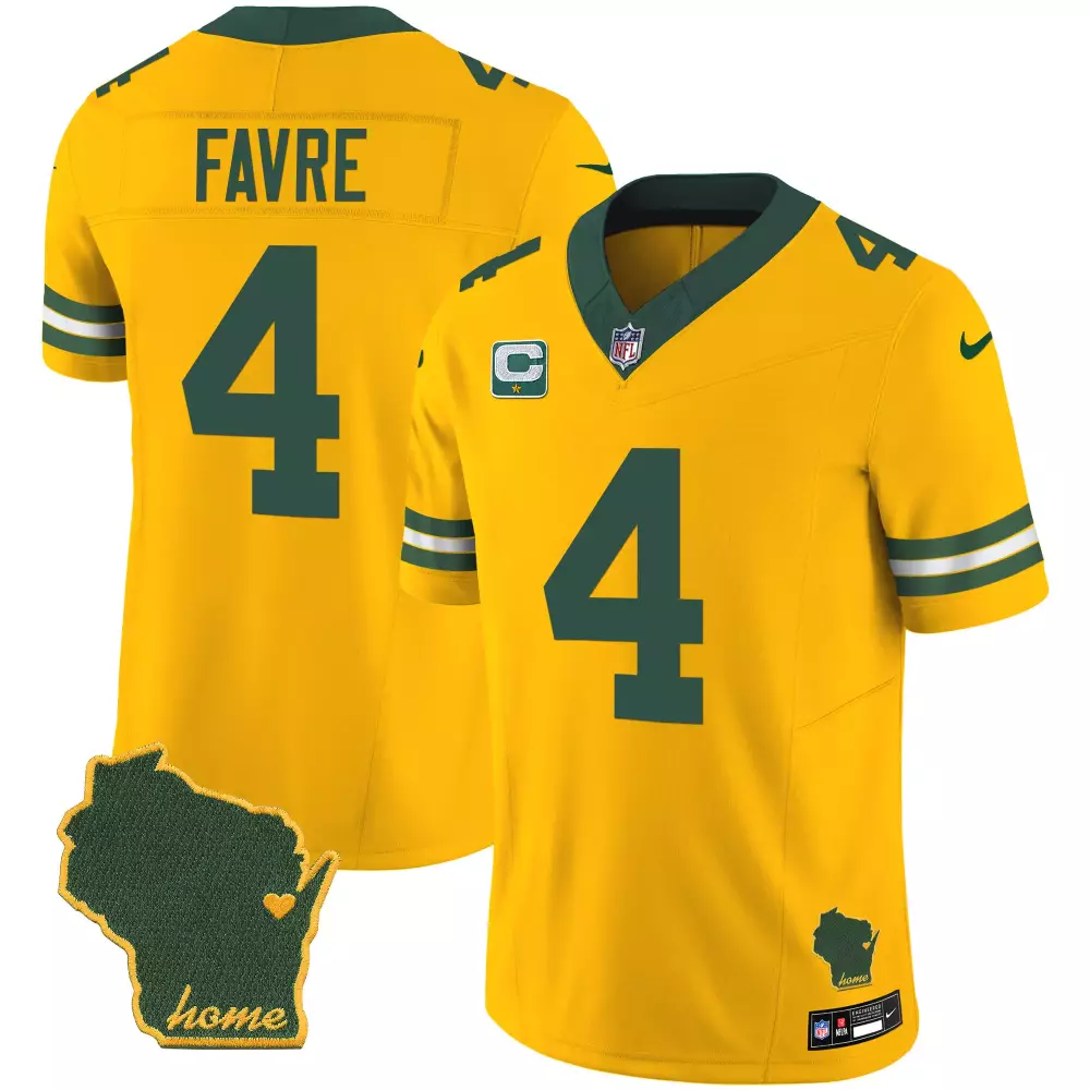 Men's Green Bay Packers Home Jersey | Stitched Favre 4 Name Patch | 2023 Yellow Edition | For Men, Women & Youth