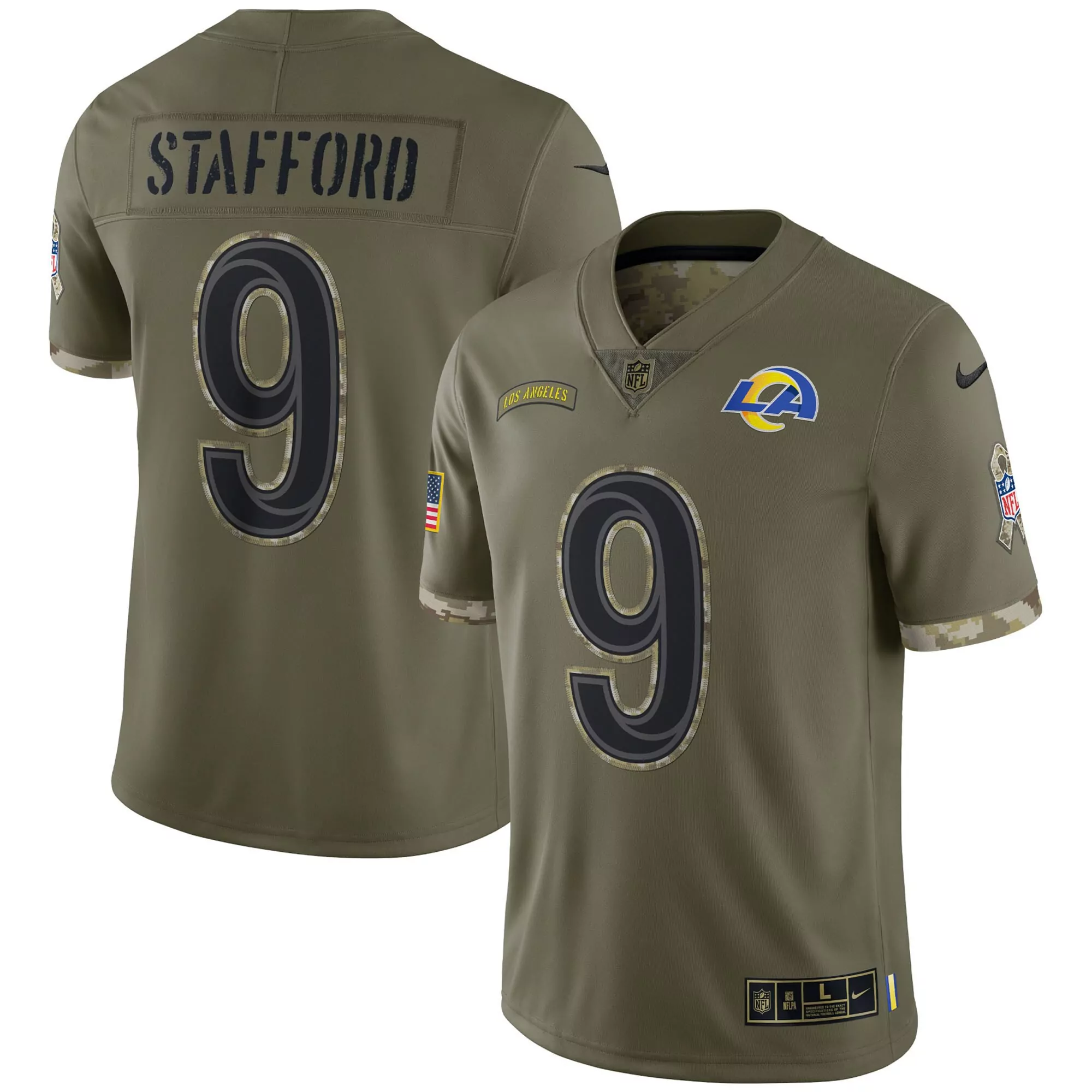 men s stafford 9 los angeles rams 2022 olive stitched jersey with name patch