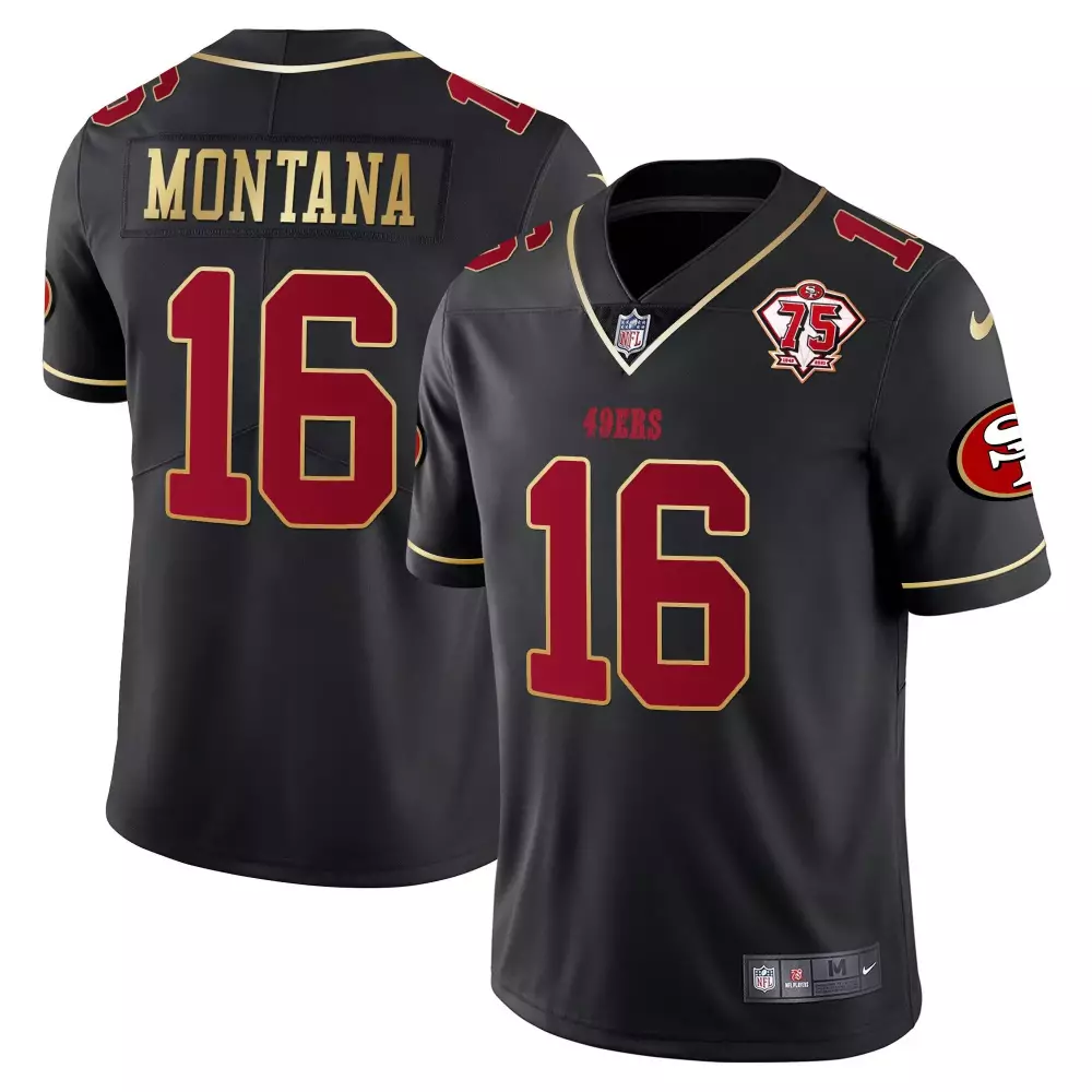 Montana 16 San Francisco 49ers 2019 Black Stitched Jersey | 75th Anniversary Patch Fan Gear | For Men, Women & Youth