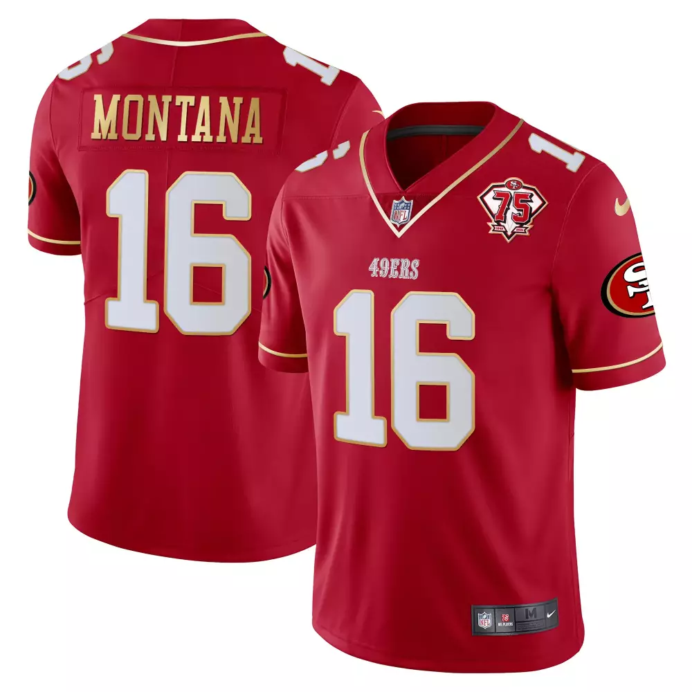 Montana 16 San Francisco 49ers 2023 Men's Red All Stitched Jersey | 75th Anniversary Name Patch | Game Day Outfit | For Men, Women & Youth
