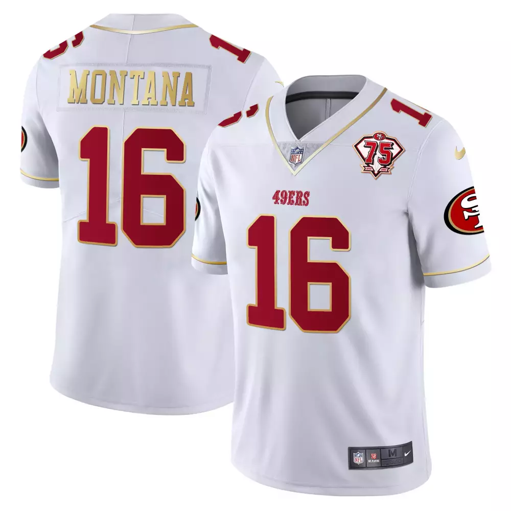 Montana 16 San Francisco 49ers 2023 Men's Stitched Jersey | White Red 75th Anniversary Name Patch | Limited Edition | For Men, Women & Youth