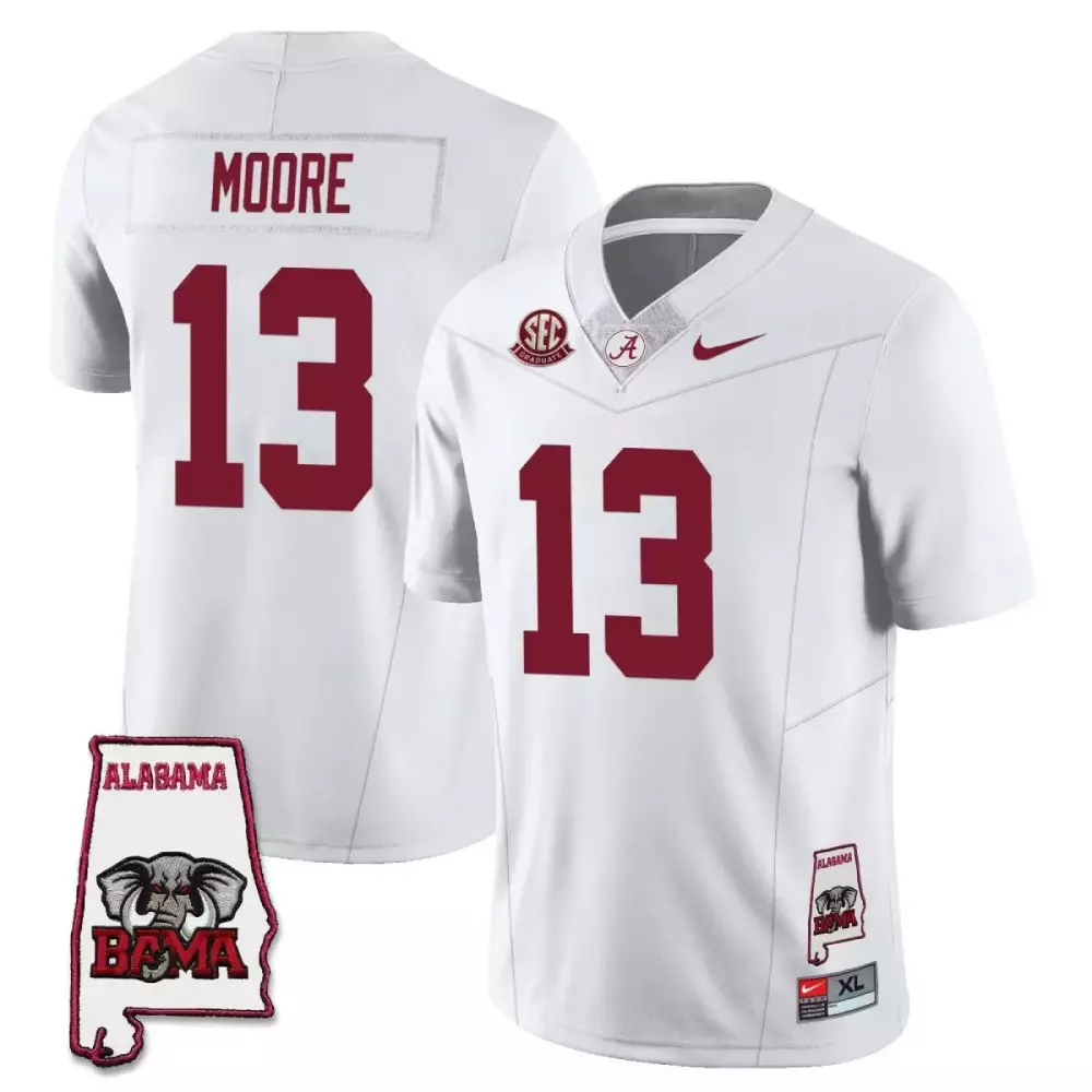 moore 13 alabama crimson tide men s white stitched jersey with name patch 2023