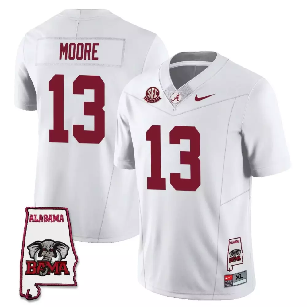 moore 13 alabama crimson tide men s white stitched jersey with name patch 2023