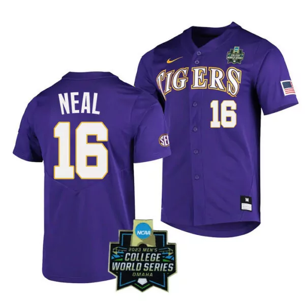 neal 16 lsu tigers purple stitched jersey men s 2023 college world series name patch