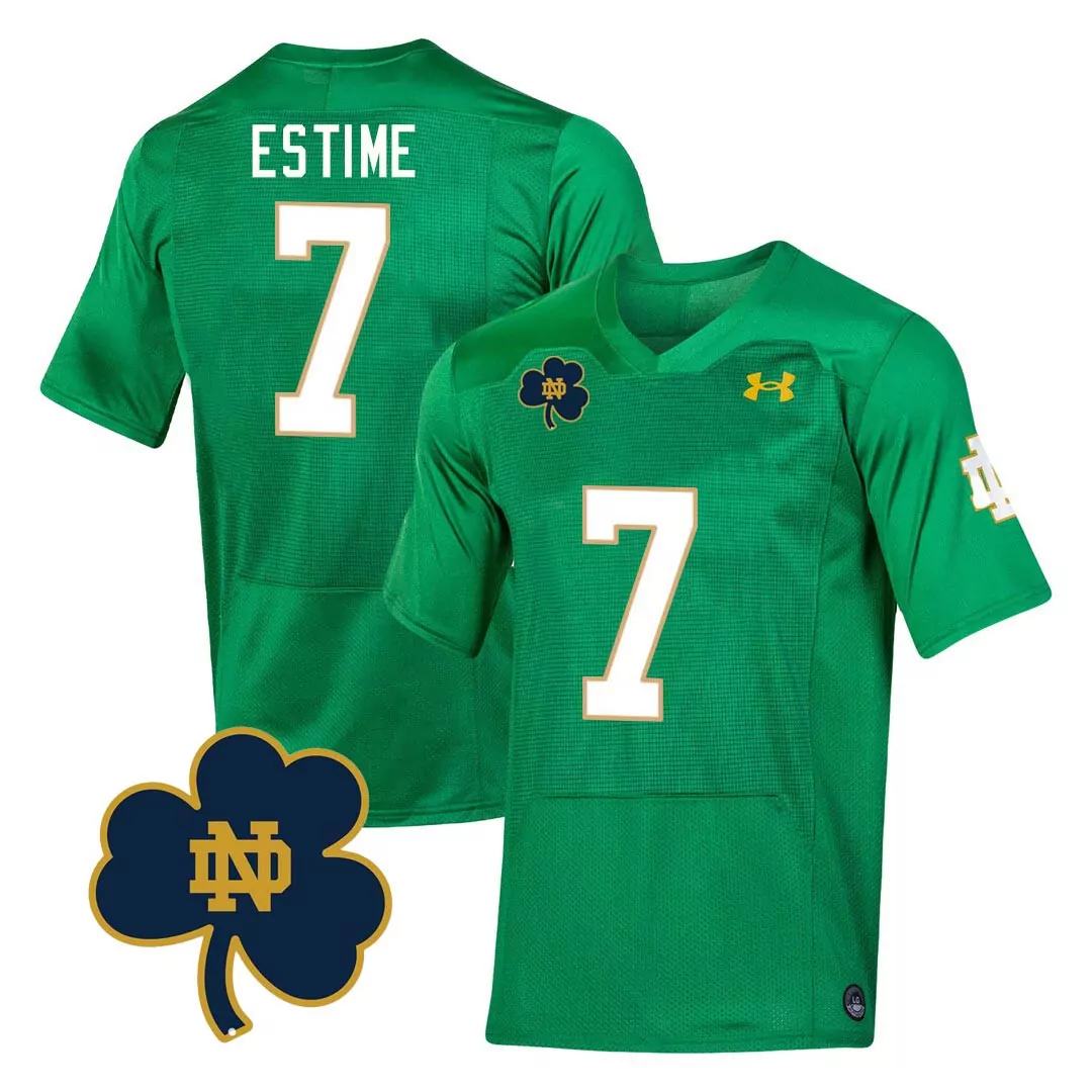 notre dame green jersey all stitched name patch estime 7 mens 2023 style