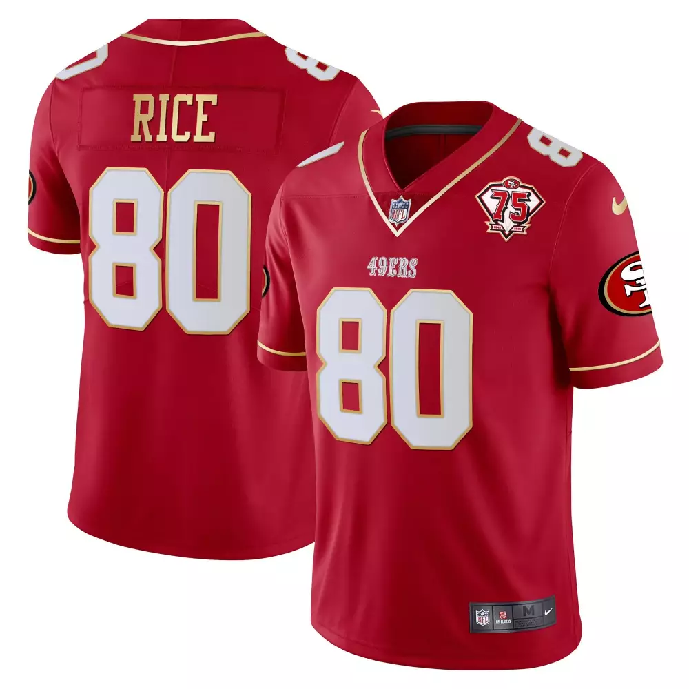 Rice 80 San Francisco 49ers Men's Red Stitched Jersey | 75th Anniversary Name Patch 2023 | Limited Edition | For Men, Women & Youth
