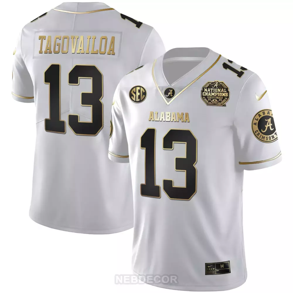 Tagovailoa 13 Alabama Crimson Tide Men's White National Champions Patch Jersey | All Stitched | Limited Edition Fan Gear | For Men, Women & Youth
