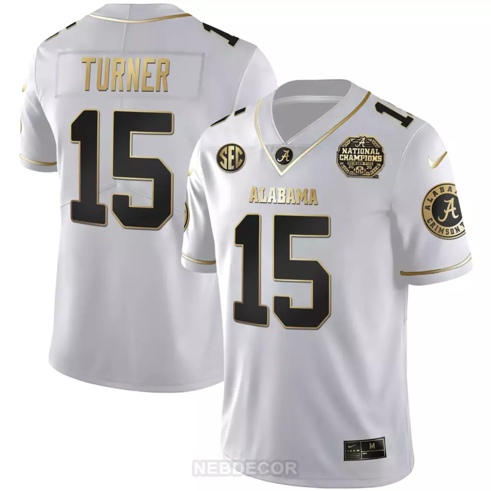 Turner 15 Alabama Crimson Tide White Stitched Jersey | National Champions Patch 2023 | Limited Edition for Men, Women & Youth