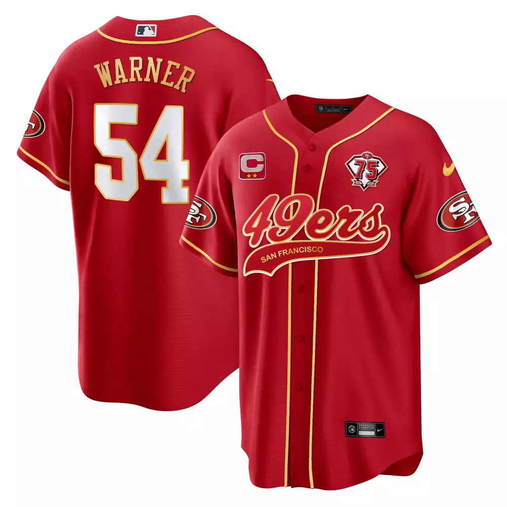 Warner 54 San Francisco 49ers Red Stitched Jersey | 75th Anniversary Name Patch 2023 | For Men, Women & Youth