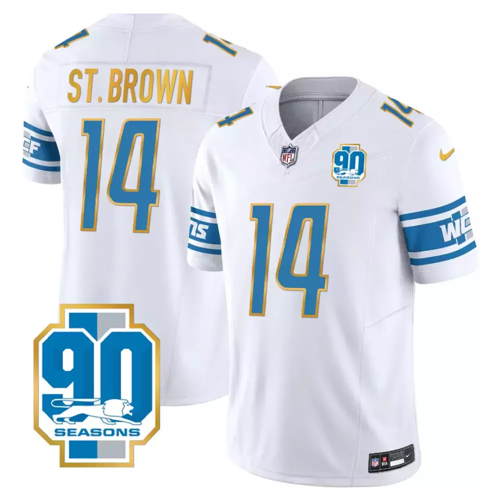 amon ra st brown 14 detroit lions blue all stitched jersey name patch 90th year men s style