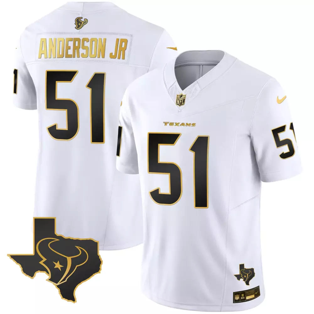 Anderson Jr 51 Houston Texans 2023 White Gold Vapor Limited Jersey | All Stitched | For Men, Women & Youth