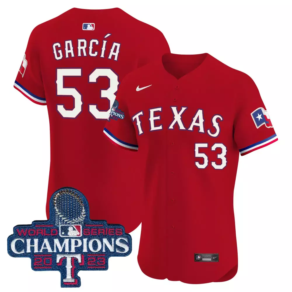 García 53 Texas Rangers 2023 Red All Stitched Vapor Jersey | Limited Edition World Series Champions | For Men, Women & Yout