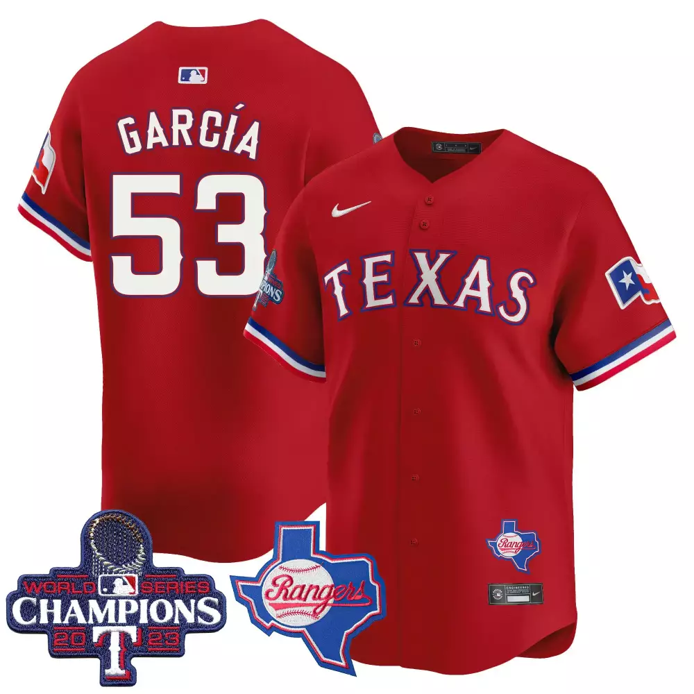 García 53 Texas Rangers 2023 Red All Stitched Vapor Jersey | Limited Edition World Series Champions | For Men, Women & Yout
