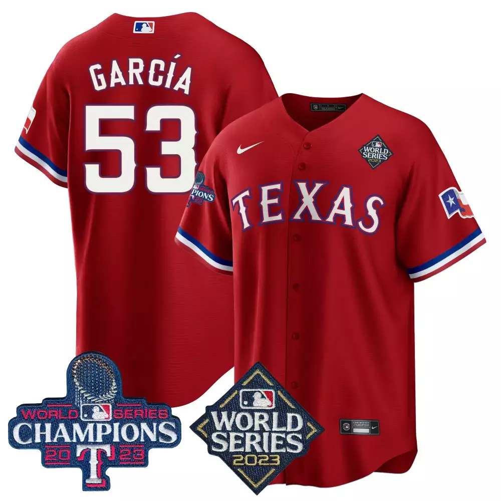 García 53 Texas Rangers 2023 Red All Stitched Vapor Jersey | Limited Edition World Series Champions | For Men, Women & Yout