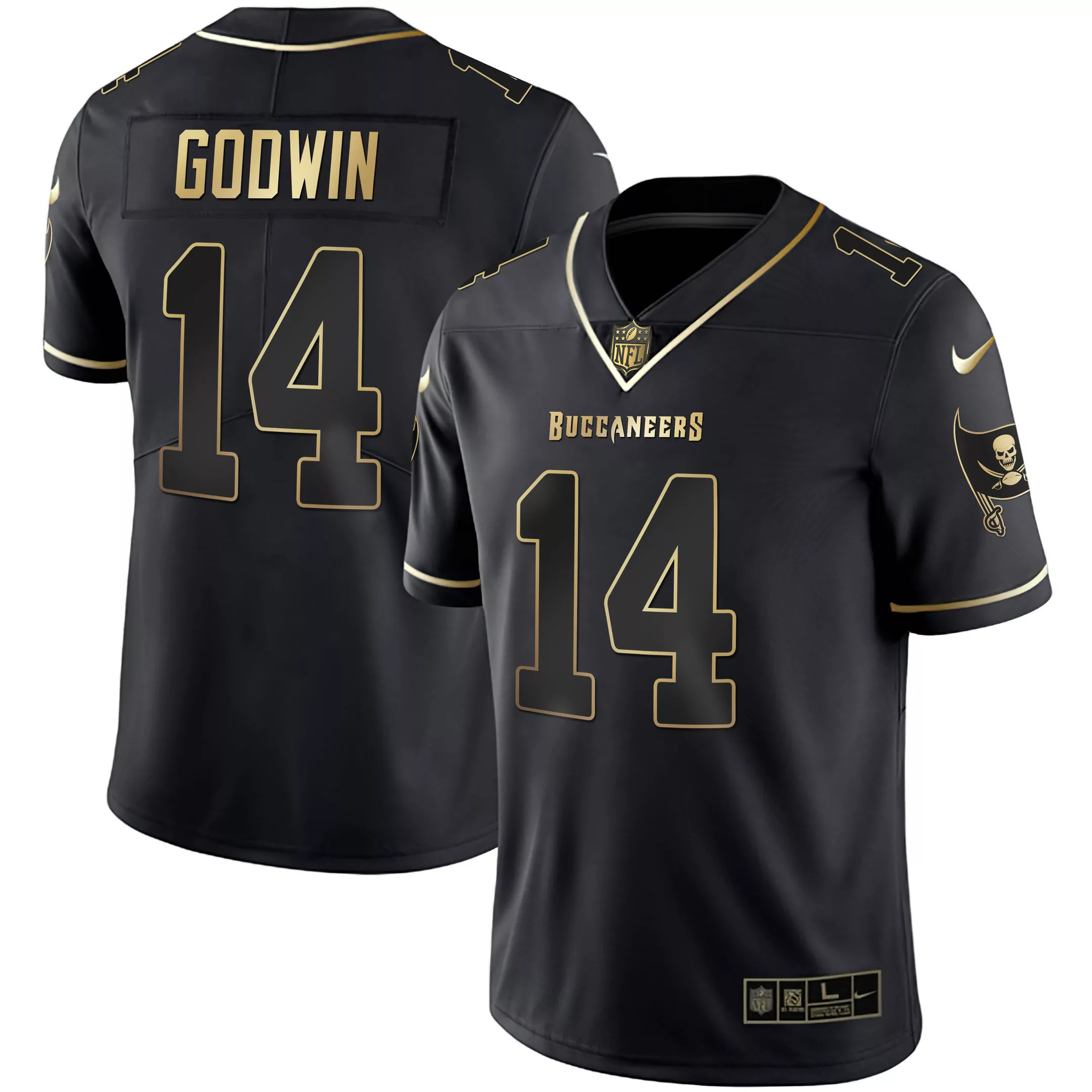 godwin 14 tampa bay buccaneers black all stitched vapor jersey 2023 women s gold edition