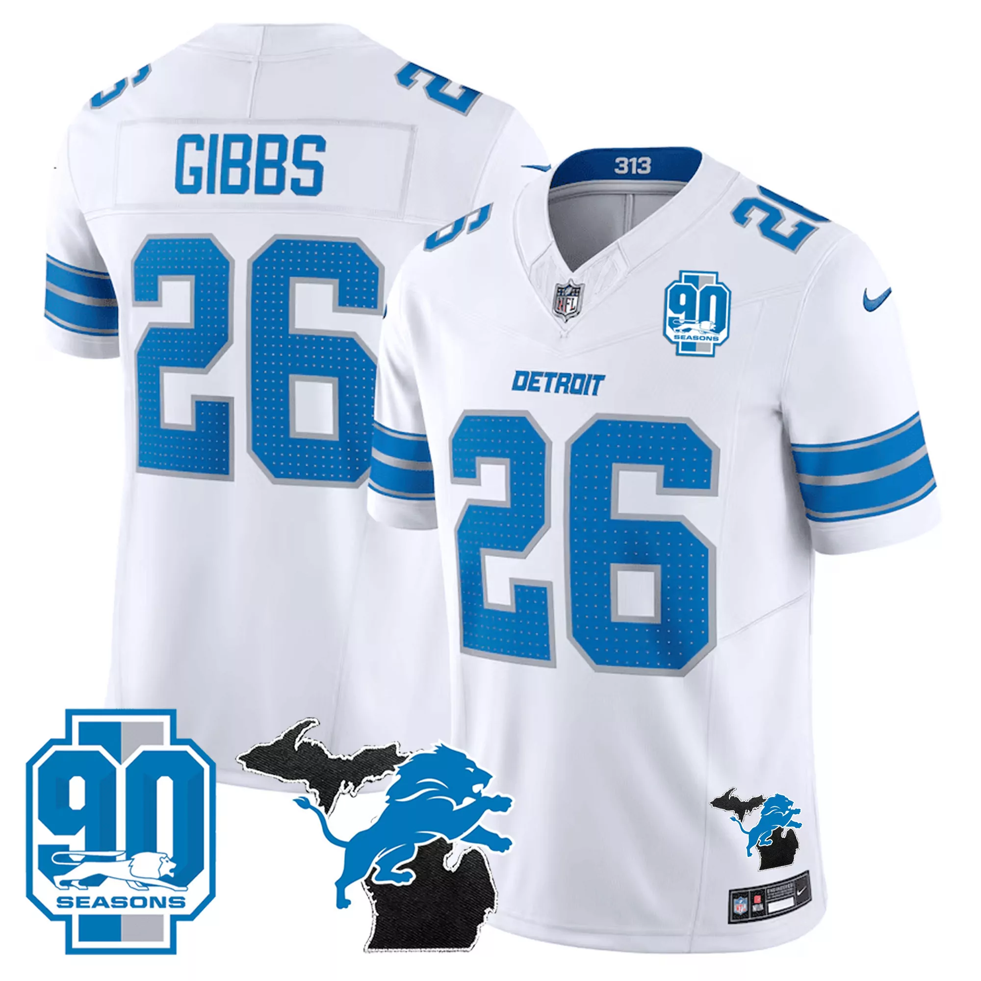 jahmyr gibbs 26 detroit lions 2024 white all stitched vapor jersey 90th season patch