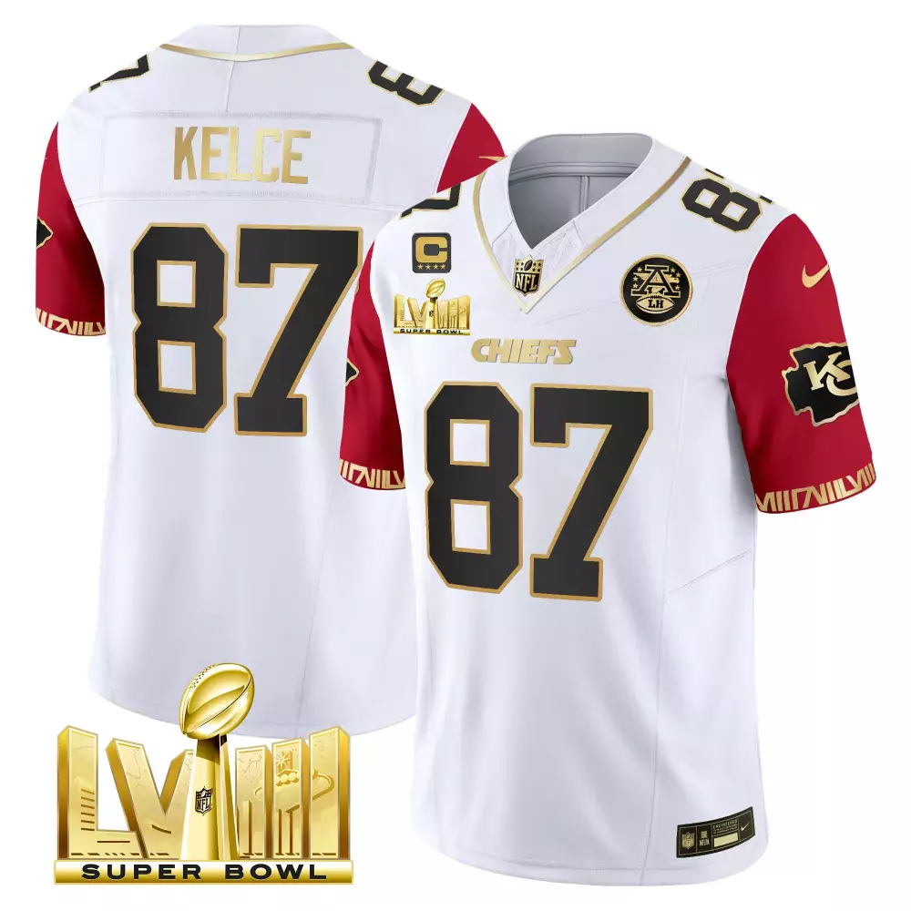 Kelce 87 Kansas City Chiefs Super Bowl LVIII Men's Jersey | All Stitched Name Patch Red White | Game Day Outfit | For Men, Women & Youth