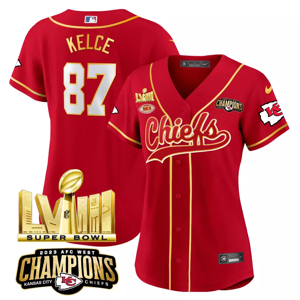 Kelce 87 Kansas City Chiefs Women's Red and White Stitched Jersey | Super Bowl LVIII Name Patch | Replica Fan Gear | For Men, Women & Youth