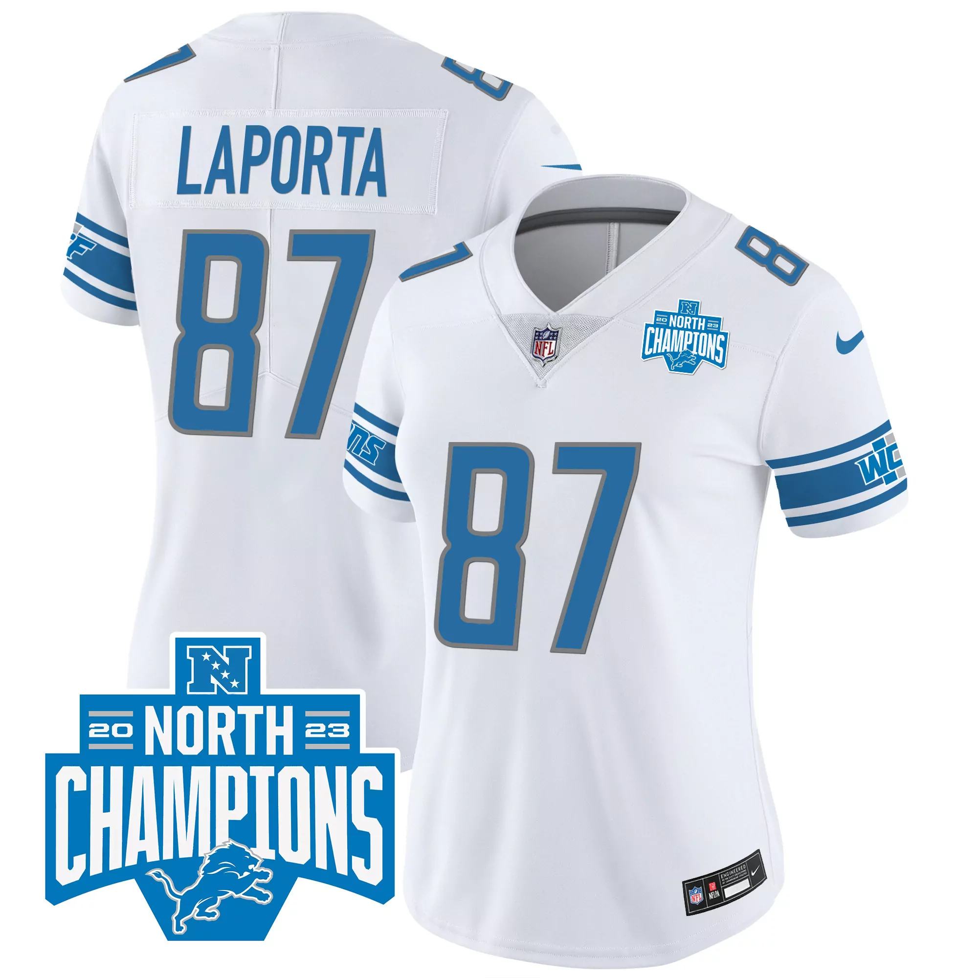 laporta 87 detroit lions 2023 women s white nfc north champions all stitched vapor jersey