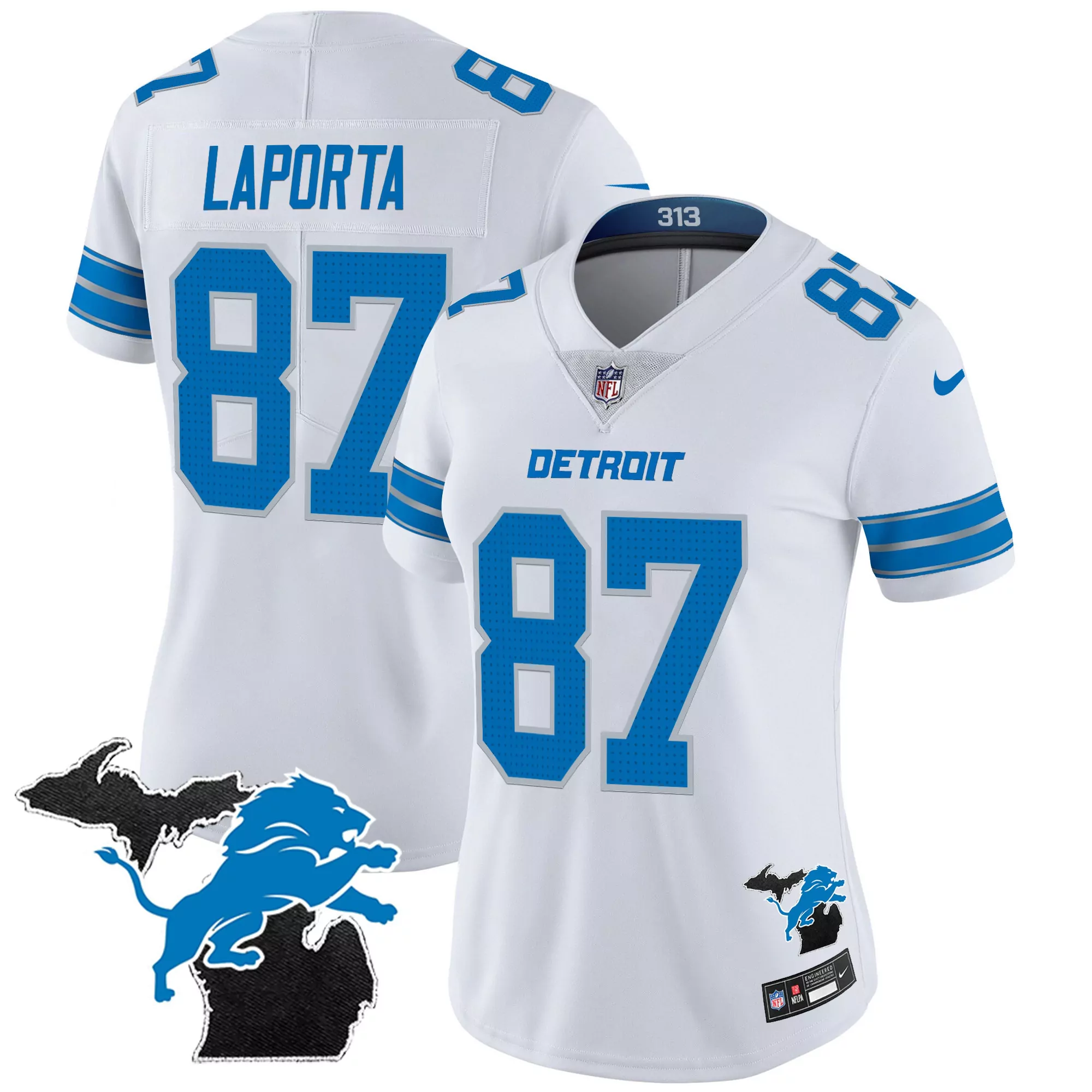 laporta 87 detroit lions 2024 women s white vapor jersey with michigan patch all stitched