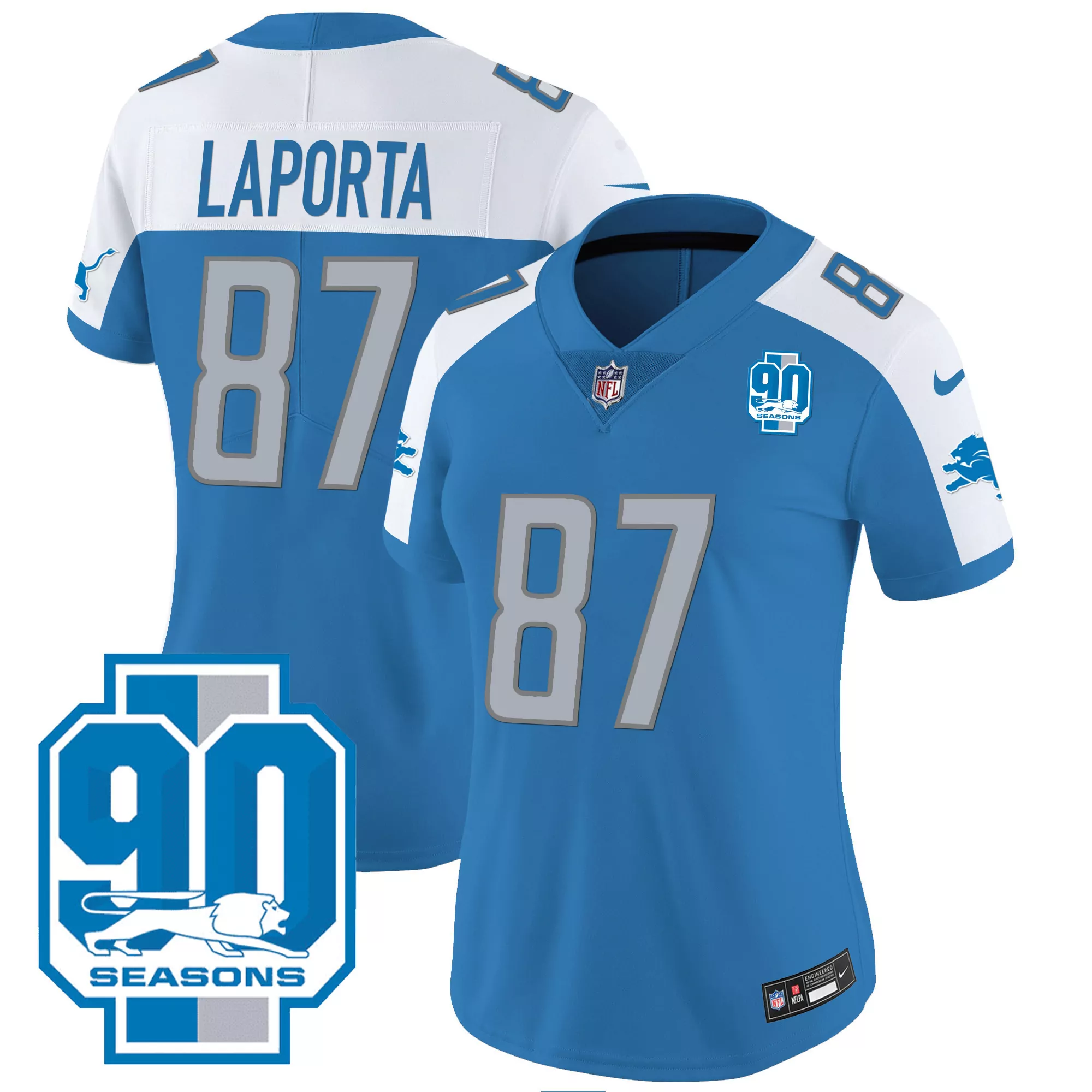 laporta 87 detroit lions 90th year women s blue all stitched vapor jersey
