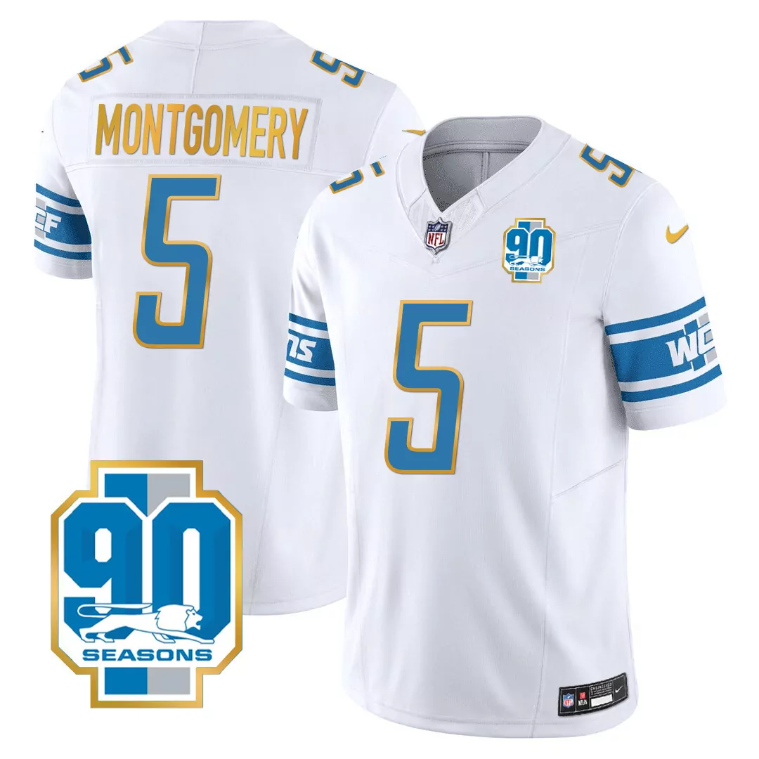 montgomery 5 detroit lions white jersey 90th year patch all stitched vapor jersey
