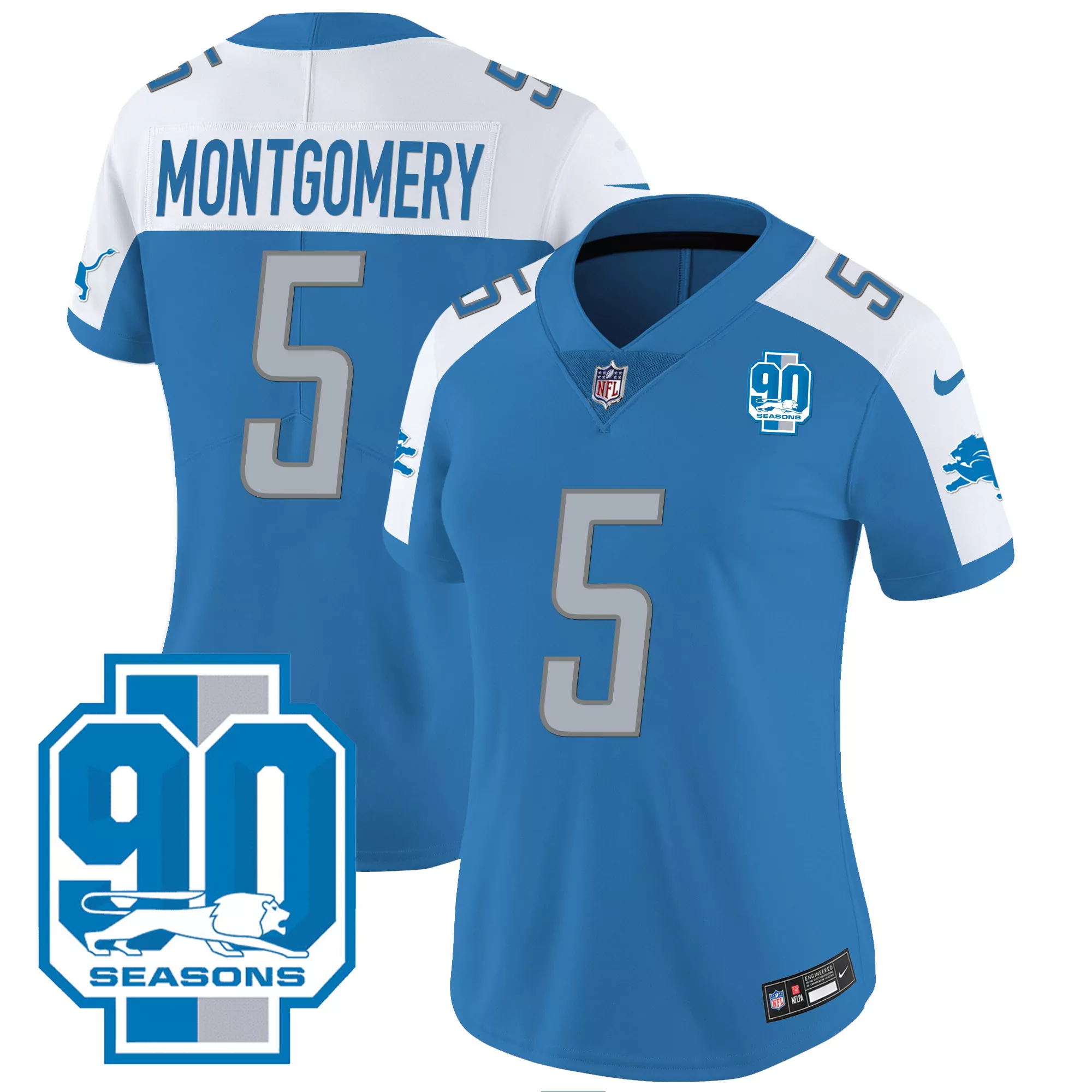 montgomery 5 detroit lions women s blue 90th year patch all stitched vapor jersey 2