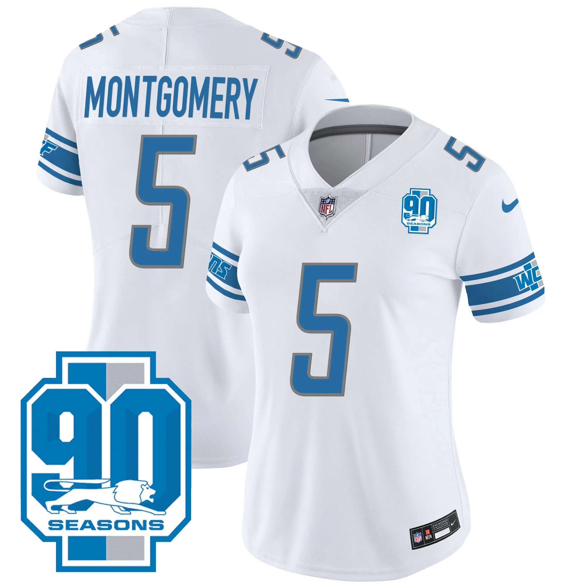 montgomery 5 detroit lions women s white 90th year patch all stitched vapor jersey